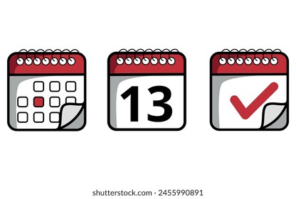 Iconos rojos del calendario con la punta doblada de diferentes modelos. Icono de calendario con un día específico marcado, día 13.