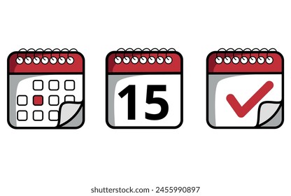 Red calendar icons with folded tip of different models. Calendar icon with specific day marked, day 15.