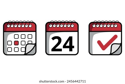 Iconos rojos del calendario con la punta doblada de diferentes modelos. Icono de calendario con un día específico marcado, día 24.