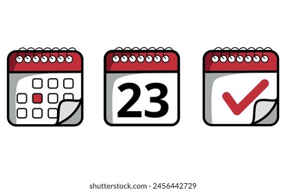 Iconos rojos del calendario con la punta doblada de diferentes modelos. Icono de calendario con el día específico marcado, día 23.