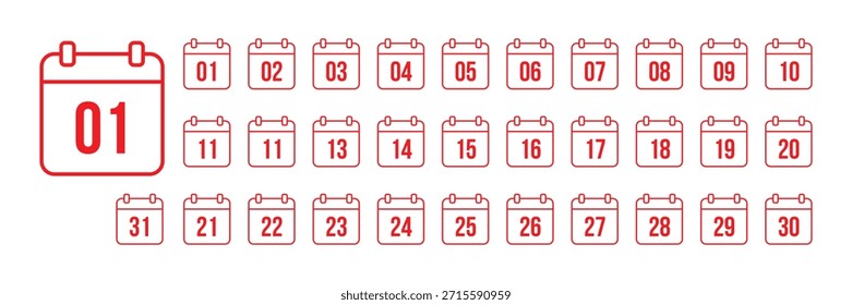 Ícones de calendário vermelhos numerados de um a trinta e um isolados no plano de fundo branco