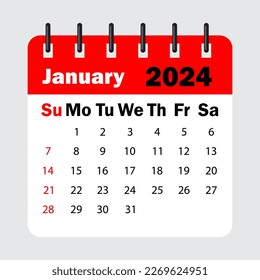 red calendar leaf spring. January 2024 calendar. Calendar sheet with days of the week. Vector illustration.