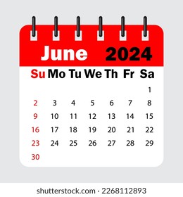 red calendar leaf spring. June 2024 calendar. Calendar sheet with days of the week. Vector illustration.