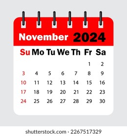 primavera de hoja de calendario rojo. Calendario de noviembre de 2024. Hoja de calendario con días de la semana. Ilustración vectorial.