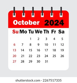 red calendar leaf spring. October 2024 calendar. Calendar sheet with days of the week. Vector illustration.