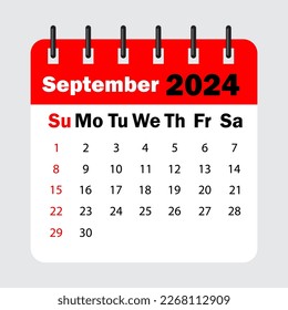 red calendar leaf spring. September 2024 calendar. Calendar sheet with days of the week. Vector illustration.