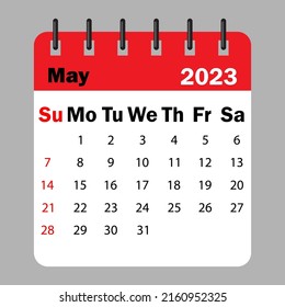 Red calendar May 2023 on a spiral. Calendar reminder 2023. Business plan schedule. Vector illustration. stock image. 