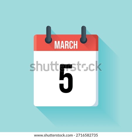 A red calendar page showcases march fifth, a minimalist design for scheduling and time tracking.