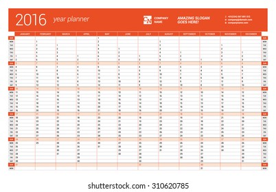 Red Calendar Planner 2016 Year. Vector Design Print Template. Week Starts Sunday