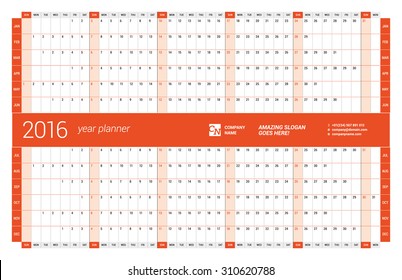 Red Calendar Planner 2016 Year. Vector Design Print Template. Week Starts Sunday