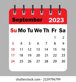 Red calendar september 2023 on a spiral. Calendar reminder 2023. Business plan schedule. Vector illustration. stock image.