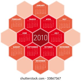 Red Calendar for year 2010 in an hexagonal pattern (vector format)