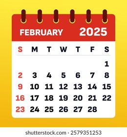 Red Calender february 2025. Monthly planner for february 2025. Time Management and Scheduling Strategies. Calendar for the month. Vector illustration