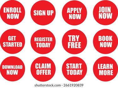 Red Call to Action Button Set – Enroll Now, Sign Up, Apply, Book and Download Labels for Marketing and Web Use