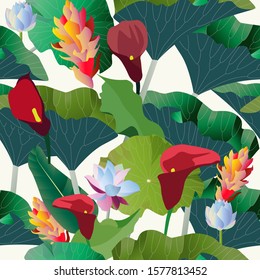 Red calla lilies, yellow, blue aquatic and tropical flowers with large green leaves palm tree on a white background. Vector illustration. Seamless pattern. EPS 10