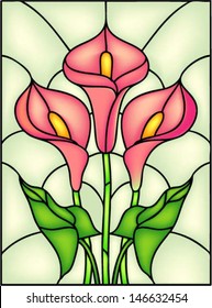 Red Calla lily vector illustration in stained glass window