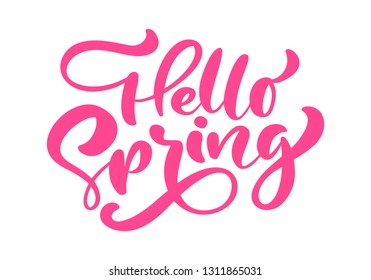 Red Calligraphy lettering phrase Hello Spring. Vector Hand Drawn Isolated text. sketch doodle design for greeting card, scrapbook, print