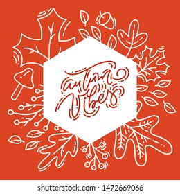 Red calligraphy lettering text Hello Vibes on white and orange background. Round leaves monoline frame wreath with leaves, acorn and autumn symbols