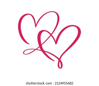 Red calligraphy two lovers hearts icon. Hand drawn logo vector valentine day. Decor for greeting card, mug photo overlays, t-shirt print flyer, poster design. svg