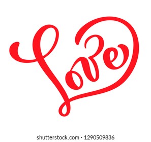 Red Calligraphy word Love. Vector Valentines Day Hand Drawn lettering. Heart Holiday Design valentine card. love decor for web, wedding and print. Isolated illustration