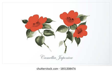 Red camelias on white background. Traditional oriental ink painting sumi-e, u-sin, go-hua