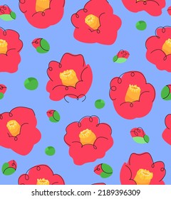 Red Camellia flower seamless vector pattern. Summer spring floral background design. Decorative botany textile pattern