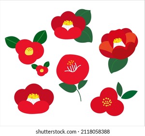 Red camellia flower template with Japanese wave pattern vector. Flower background with geometric decoration.