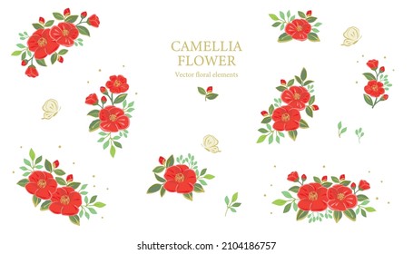 Red camellia flowers illustration set, Vector floral elements.