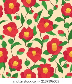 Red Camellia flowers with leaves seamless vector pattern on beige background. Floral flat illustration for branding, package, fabric and textile, wrapping paper