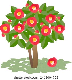 Red camellia tree, a single scattered flower and tree shadow