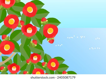 Red camellia trees and the sea