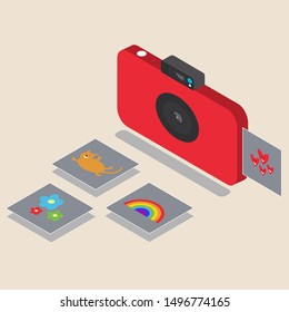Red camera for instant shots. A snapshot appears with photos of flowers, a cat and a rainbow. Color camera. Lens. Thin gadget for photos. Photo card. Isometry. Flat style editable vector illustration