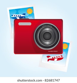 red camera and photos over blue background. vector