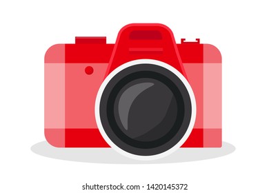 Red camera vector cartoon illustration. Photography equipment flat clipart. Taking snapshot during vacation, travel shot. Compact digital camera for travelling. Isolated design element