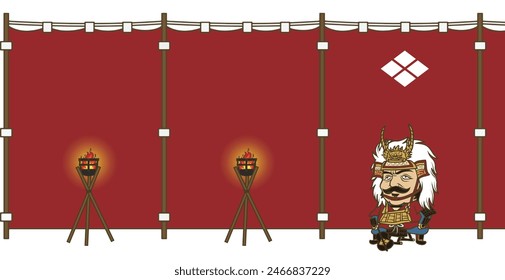 Ein roter Lagervorhang und ein Lagerfeuer schmücken das Wappen des Takeda-Clans. Vor ihnen steht Takeda Shingen mit einem scharfen, stechenden Blick.