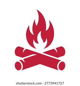 Red camp fire icon with crosse dlogsand flameson white background