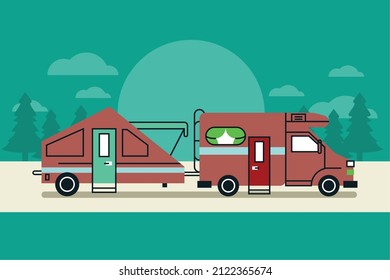 red camper in landscape scene