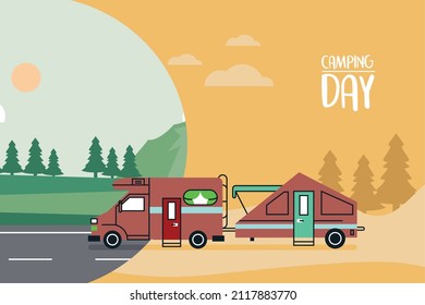 red camper with lettering scene