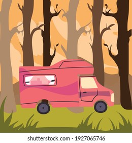 red camper trailer at forest design of caravan trip camp adventure transportation and travel theme Vector illustration