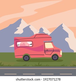 red camper trailer on road design of caravan trip camp adventure transportation and travel theme Vector illustration
