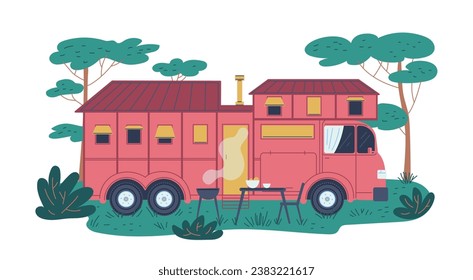 Red camper van on holiday camping. Picnic with barbecue, table and chair in forest. Auto two-storied house bus. Transportable caravan dwelling for road travel, RV leisure vector illustration