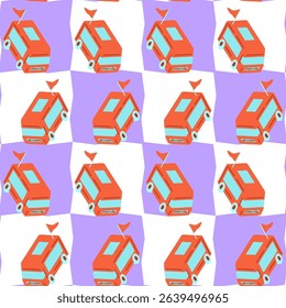 Red Camper Van Seamless Pattern. Isometric red camper vans with flags on wavy violet and white background, seamless travel-themed pattern in flat cartoon style.
