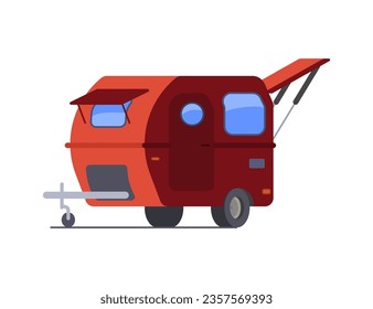 Red camper van trailer. Mobile auto cabin house on wheels with door, window. Transportable caravan dwelling for road travel, journey. Vector illustration isolated on white. Outdoor summer RV leisure