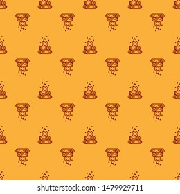 Red Campfire icon isolated seamless pattern on brown background. Burning bonfire with wood.  Vector Illustration