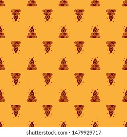 Red Campfire icon isolated seamless pattern on brown background. Burning bonfire with wood.  Vector Illustration
