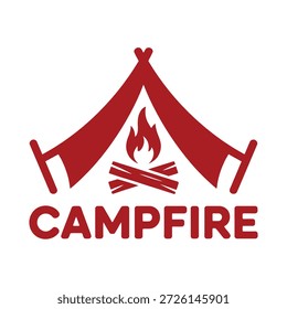 Logotipo rojo de la fogata con la tienda y la llama en el icono blanco del fondo