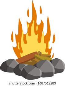 Red campfire. Orange flame. Tourist bonfire. Element of a hike. Heat and hot object. Fire lined with stones. Cartoon flat illustration