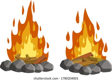 Red campfire. Orange flame. Tourist bonfire. Element of a hike. Heat and hot object. Fire lined with stones. Cartoon flat illustration