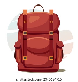 Red camping Backpack in flat and cartoon style. Vector illustration of a retro briefcase for travel and tourism. The classic Sports bag.