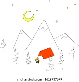 Red camping tent by the cozy fire in a hilly forest